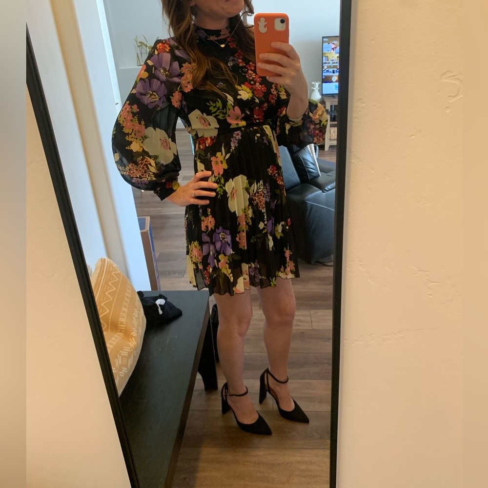 ASOS Petite high neck pleated long sleeve skater mini dress in bold floral